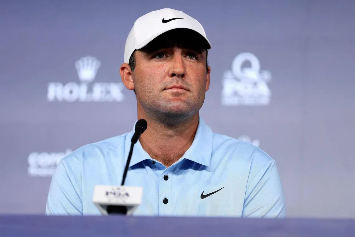 Scottie Scheffler of the United States speaks to the media prior to the PGA Championship.