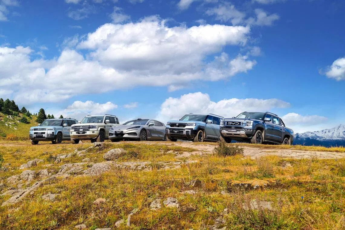 In Tagong, BYD rolled out five models for a day of driving: (From L) BYD Ti7, Denza B5, Denza Z9 GT, Denza B8 and BYD Shark 6.