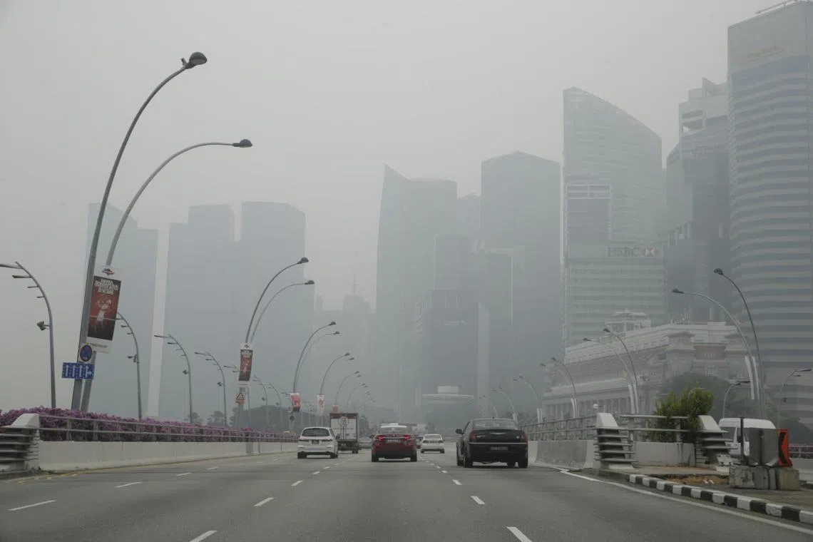 The skyline shrouded in haze at 6pm on 23 October 2015 when the 3-hr PSI was 217.