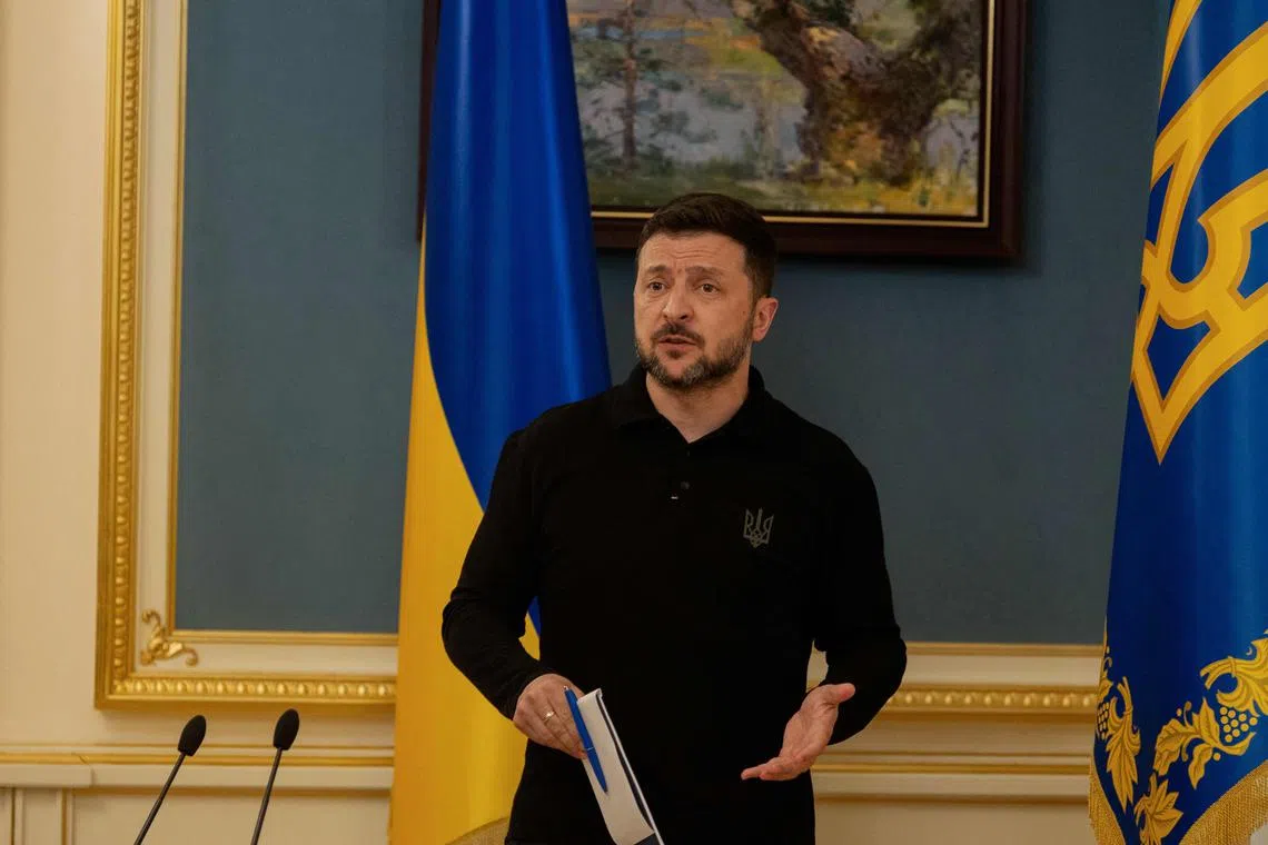 Ukrainian President Volodymyr Zelensky delivering a press conference in Kyiv on April 22.
