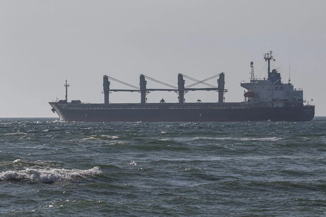 A Panama-flagged bulk carrier, the Ikaria Angel, leaving the sea port in Chornomorsk, Ukraine, with wheat bound for Ethiopia, amid Russia's invasion of Ukraine, on Sept 17, 2022. 