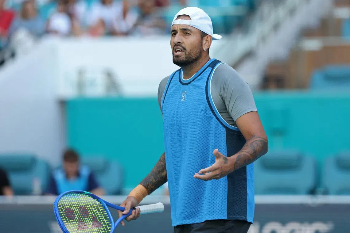 FILE PHOTO: Mar 19, 2025; Miami, FL, USA; Nick Kyrgios (AUS) reacts towards his player's box after losing a point against Mackenzie McDonald (USA)(not pictured) on day two of the Miami Open at Hard Rock Stadium. Mandatory Credit: Geoff Burke-Imagn Images/File Photo