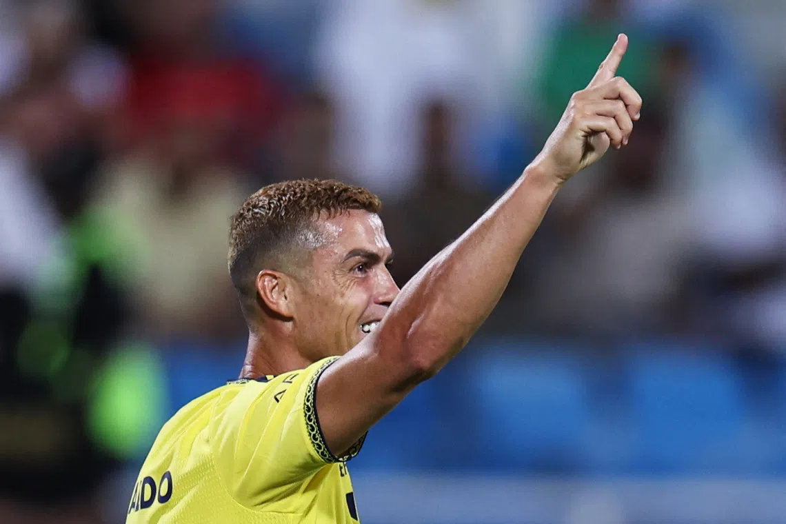 Soccer Football - Saudi Pro League - Al Riyadh v Al Nassr - Prince Faisal Bin Fahd Stadium, Riyadh, Saudi Arabia - August 21, 2026 Al Nassr's Cristiano Ronaldo celebrates scoring their fourth goal REUTERS/Hamad I Mohammed