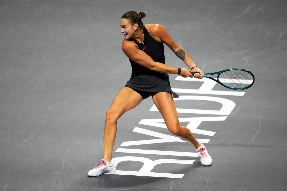 FILE PHOTO: Tennis - WTA Finals - King Saud University Indoor Arena, Riyadh, Saudi Arabia - November 8, 2024 Belarus' Aryna Sabalenka in action during her women's singles semi final match against Coco Gauff of the U.S. REUTERS/Aleksandra Szmigiel/File Photo