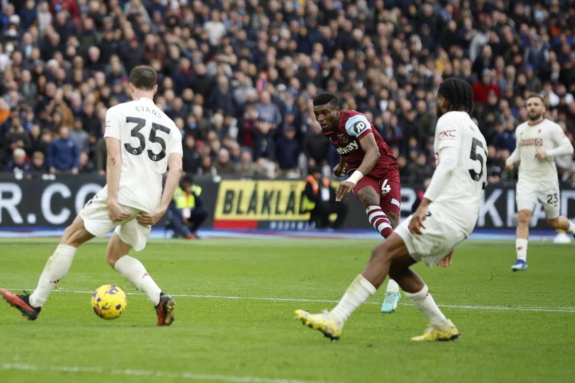 West Ham United's Mohammed Kudus scores the second goal in their 2-0 English Premier League win over Manchester United.