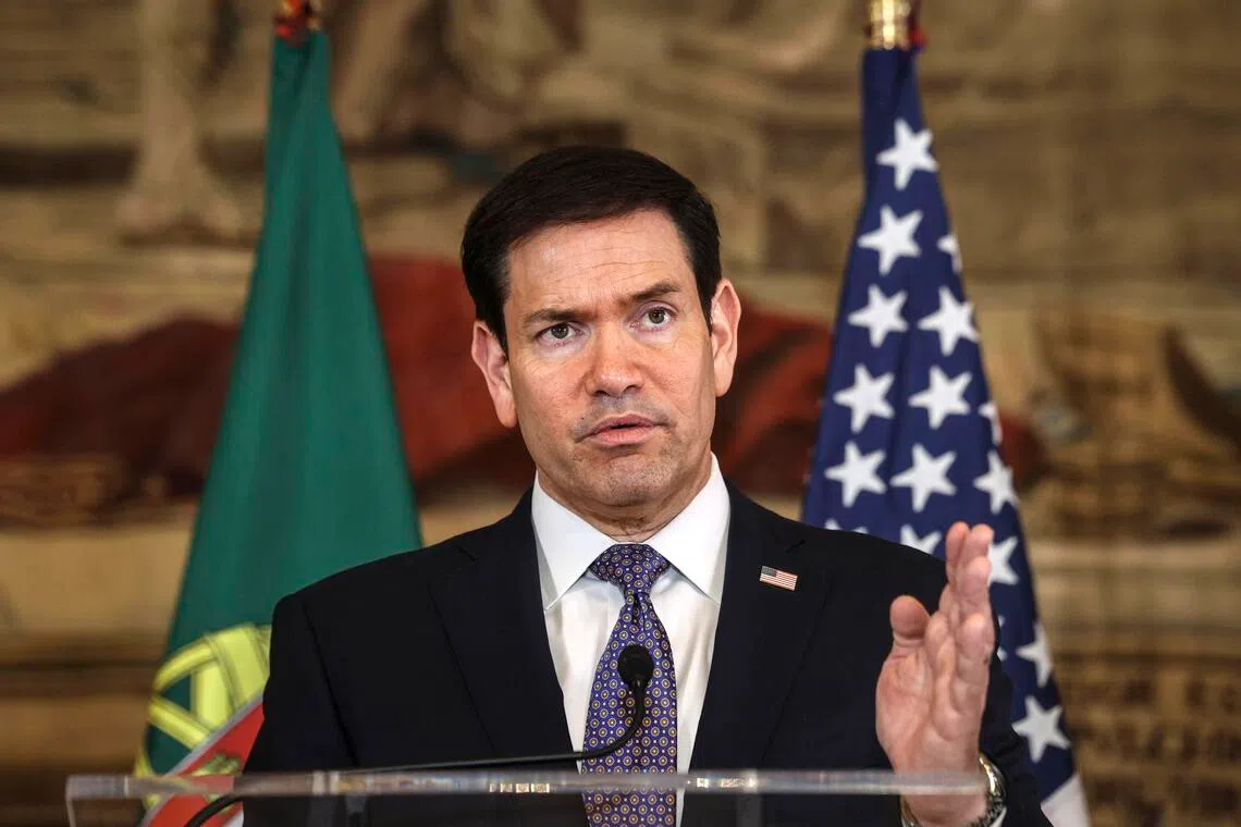 US Secretary of State Marco Rubio speaking at a press conference in Portugal on Oct 8.