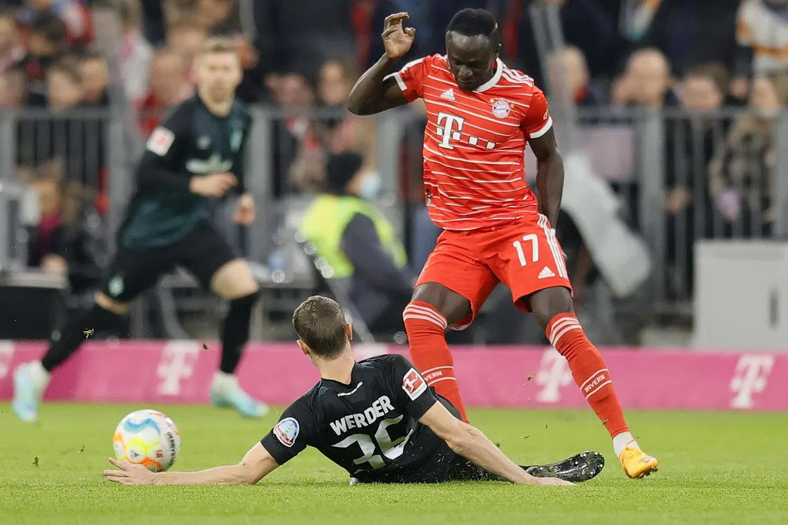 Munich's Sadio Mane (right) in action against Bremen’s Christian Gross in Munich, Germany, on Nov 8, 2022. 