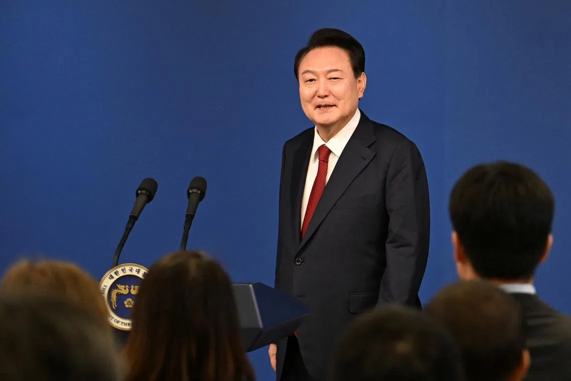 South Korean President Yoon Suk-yeol attends a press conference marking two years in office, at the Presidential Office in Seoul, South Korea, May 9, 2024. SONG KYUNG-SEOK/Pool via REUTERS/ File Photo