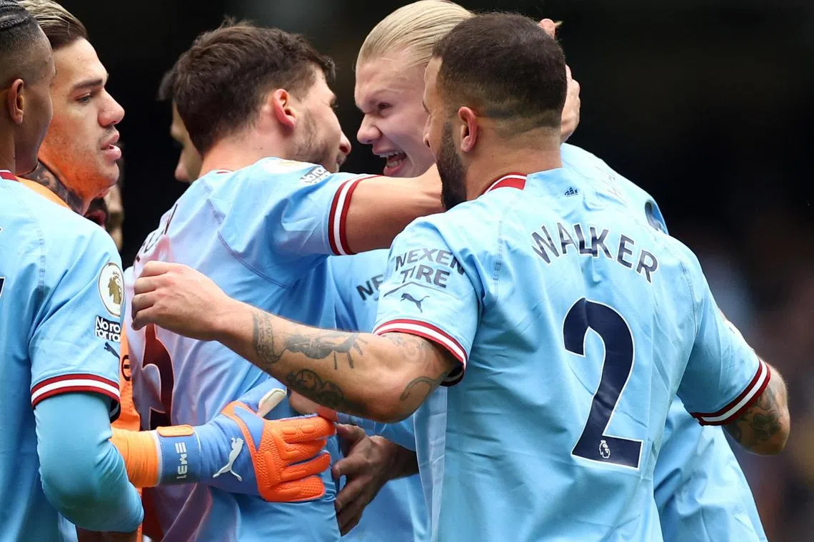 Manchester City's celebrate after winning the match against Newcastle on March 4, 2023. 