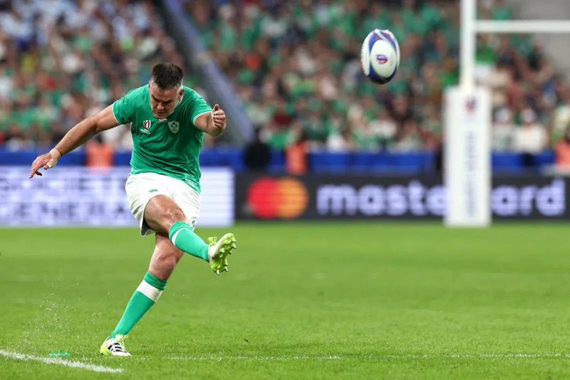 Rugby Union - Rugby World Cup 2023 - Pool B - Ireland v Scotland - Stade de France, Saint-Denis, France - October 7, 2023 Ireland's Johnny Sexton scores a conversion REUTERS/Stephanie Lecocq
