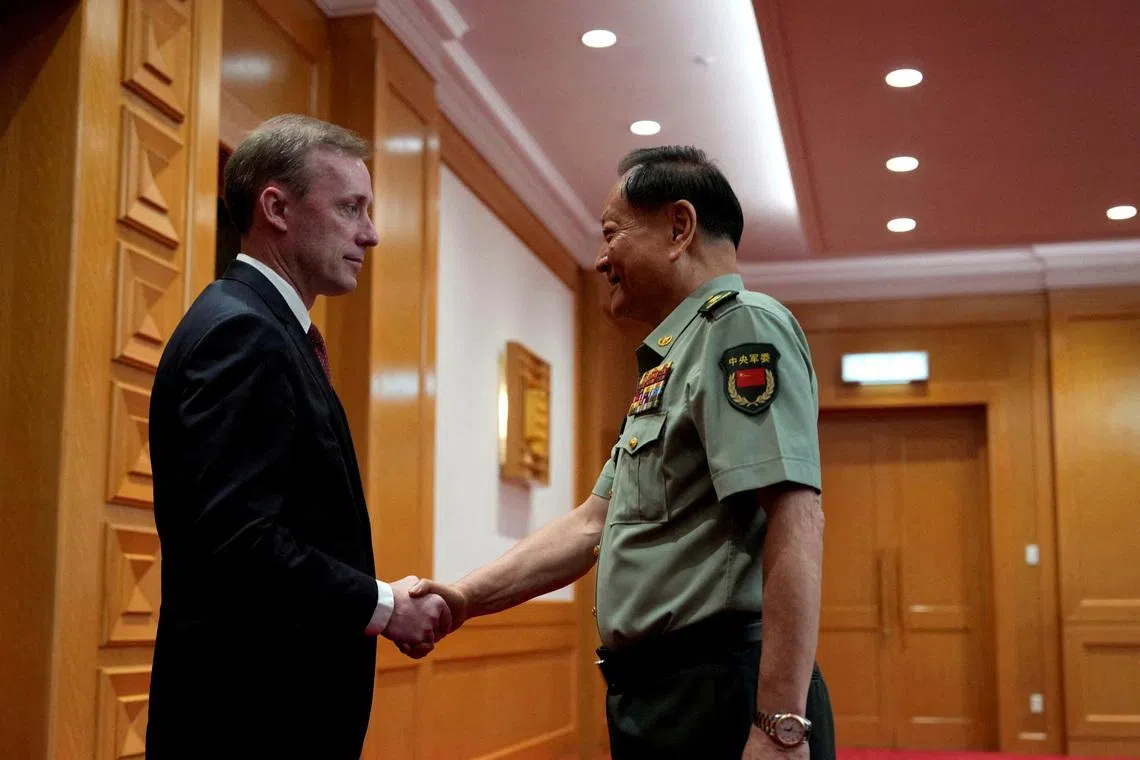 Zhang Youxia, vice-chairman of China’s Central Military Commission, shakes hands with White House national security adviser Jake Sullivan in Beijing on Aug 29, 2024.