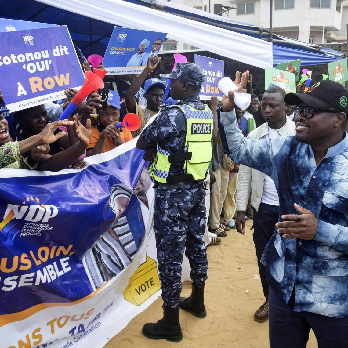 FILE PHOTO: Romuald Wadagni, Benin's finance minister and the ruling party candidate for the presidential election, waves to supporters during a campaign rally ahead of the presidential election scheduled for April 12, in Cotonou, Benin, April 10, 2026.   REUTERS/Charles Placide Tossou/ File Photo