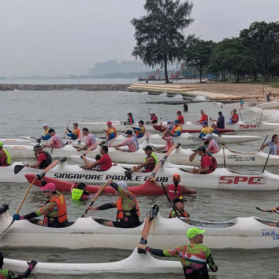 Paddlers at the Singapore Country of Origin (COO) outrigger canoe race on June 28 2025. This year's race brought together paddlers from twelve nations together to compete. 

Credit: Noémie Vogels