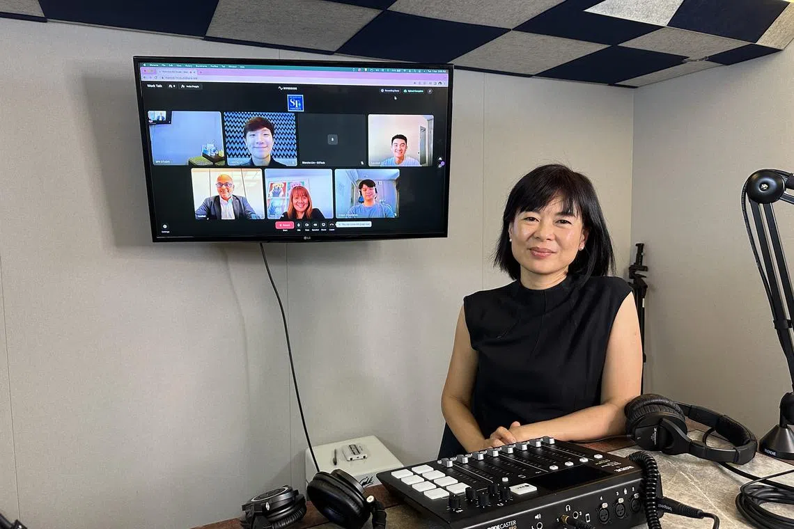  (Clockwise from top left): Our Work Talk podcast guests are NTU computing students Lin Jiayong, Davidson Chua, Jirapat Jirasevijinda, SGTech executive director Yean Chong and Anshul Jain, a managing director with Cushman & Wakefield. In the studio is host Krist Boo.
