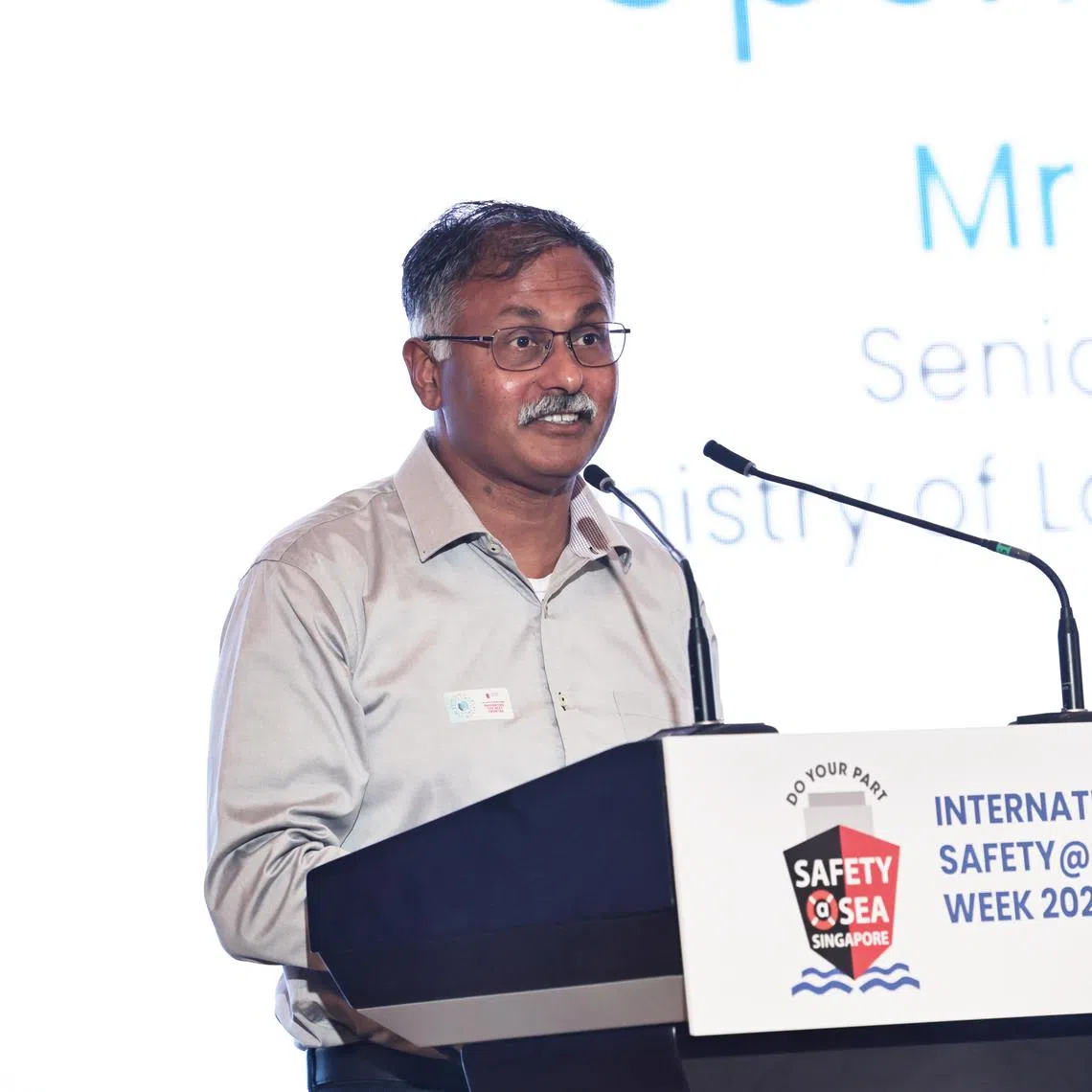 Senior Minister of State for Law and Transport Murali Pillai speaking at the the International Safety@Sea Week on July 15.