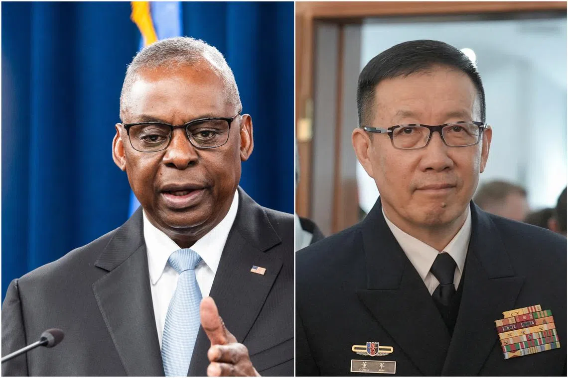 US Defence Secretary Lloyd Austin (left) will meet his Chinese counterpart Dong Jun when they attend the May 31-June 2 Shangri-La Dialogue in Singapore, the Pentagon announced on May 24.,