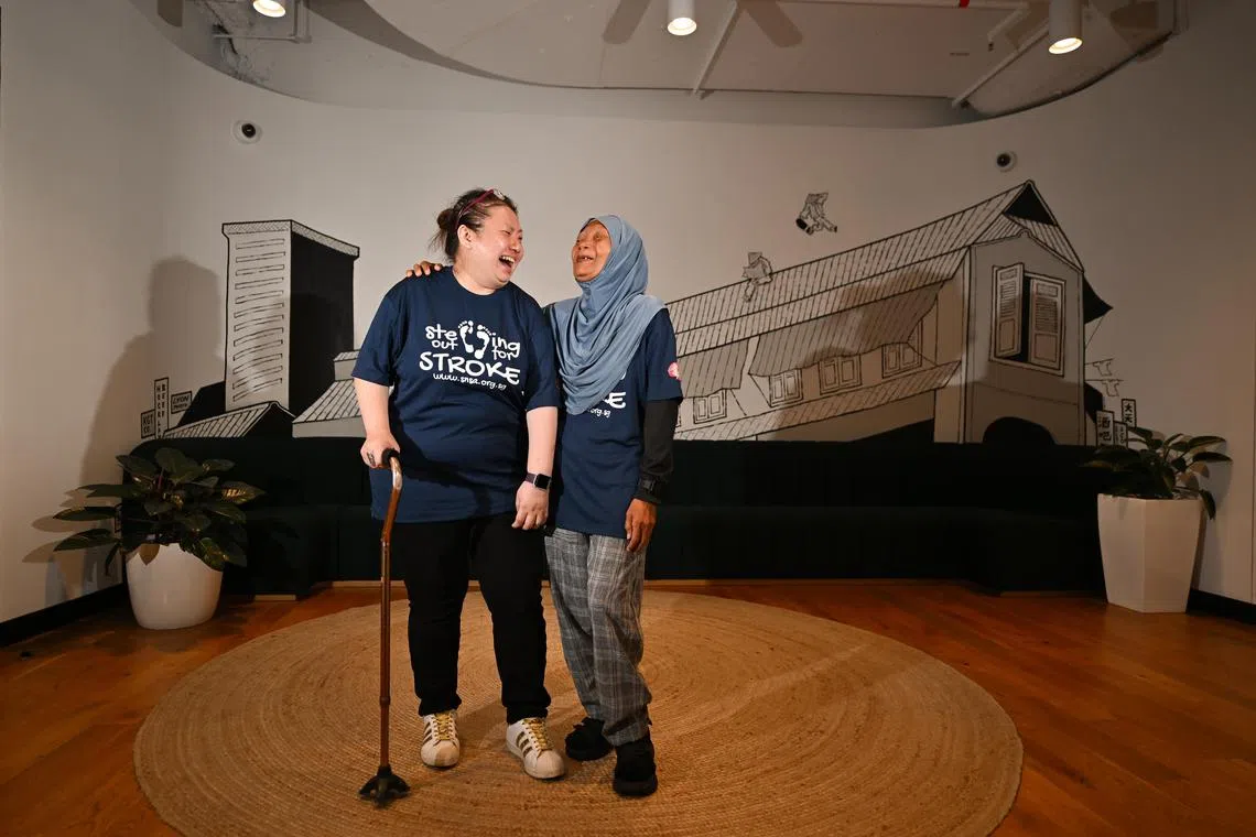 ST20230616-202323543079-Lim Yaohui-Judith Tan-justroke/
Ms Chua Yen Siang Carine, 44, stroke victim with Ms Atika Bte Ahmad, 56, home-based baker, at WeWork Funan on June 16, 2023.
Atika Ahmad, a stroke victim who is helping others and Carine Chia, a stroke victim who is being helped.
For the first time, stroke survivors in Singapore are being empowered to help other stroke survivors get their lives back on track.
(ST PHOTO: LIM YAOHUI)