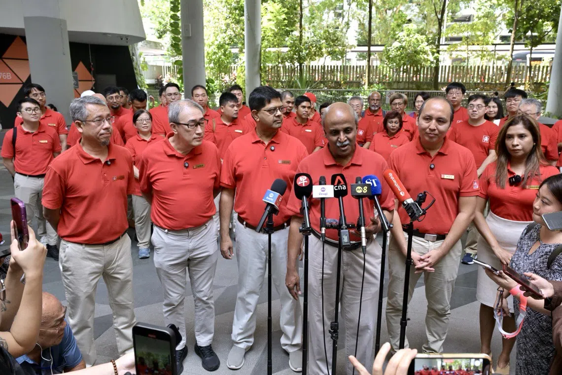 (From left) Singapore Democratic Party members Damanhuri Abas and Alfred Tan, deputy head of policy James Gomez, chairman Professor Paul Tambyah, party vice-chairman Bryan Lim, and party treasurer Surayah Akbar at the media doorstop on April 6.