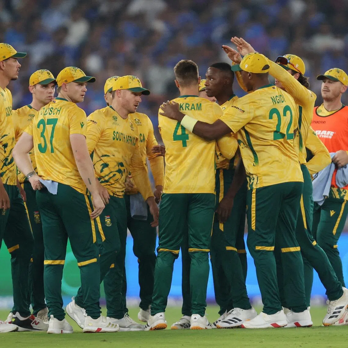 FILE PHOTO: Cricket - ICC Men's T20 World Cup 2026 - Super 8 - India v South Africa - Narendra Modi Stadium, Ahmedabad, India - February 22, 2026 South Africa's Aiden Markram celebrates with teammates after taking the wicket of India's Ishan Kishan, caught out by Ryan Rickelton REUTERS/Amit Dave/File Photo