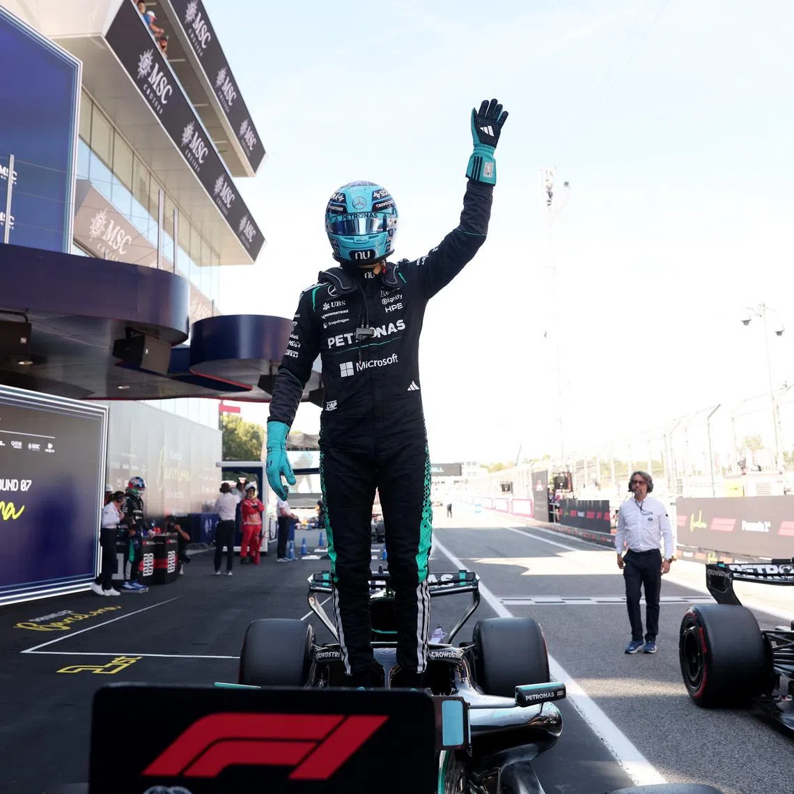 Formula One F1 - Barcelona-Catalunya Grand Prix - Circuit de Barcelona-Catalunya, Barcelona, Spain - June 13, 2026 Mercedes' George Russell celebrates after qualifying in pole position REUTERS/Bruna Casas