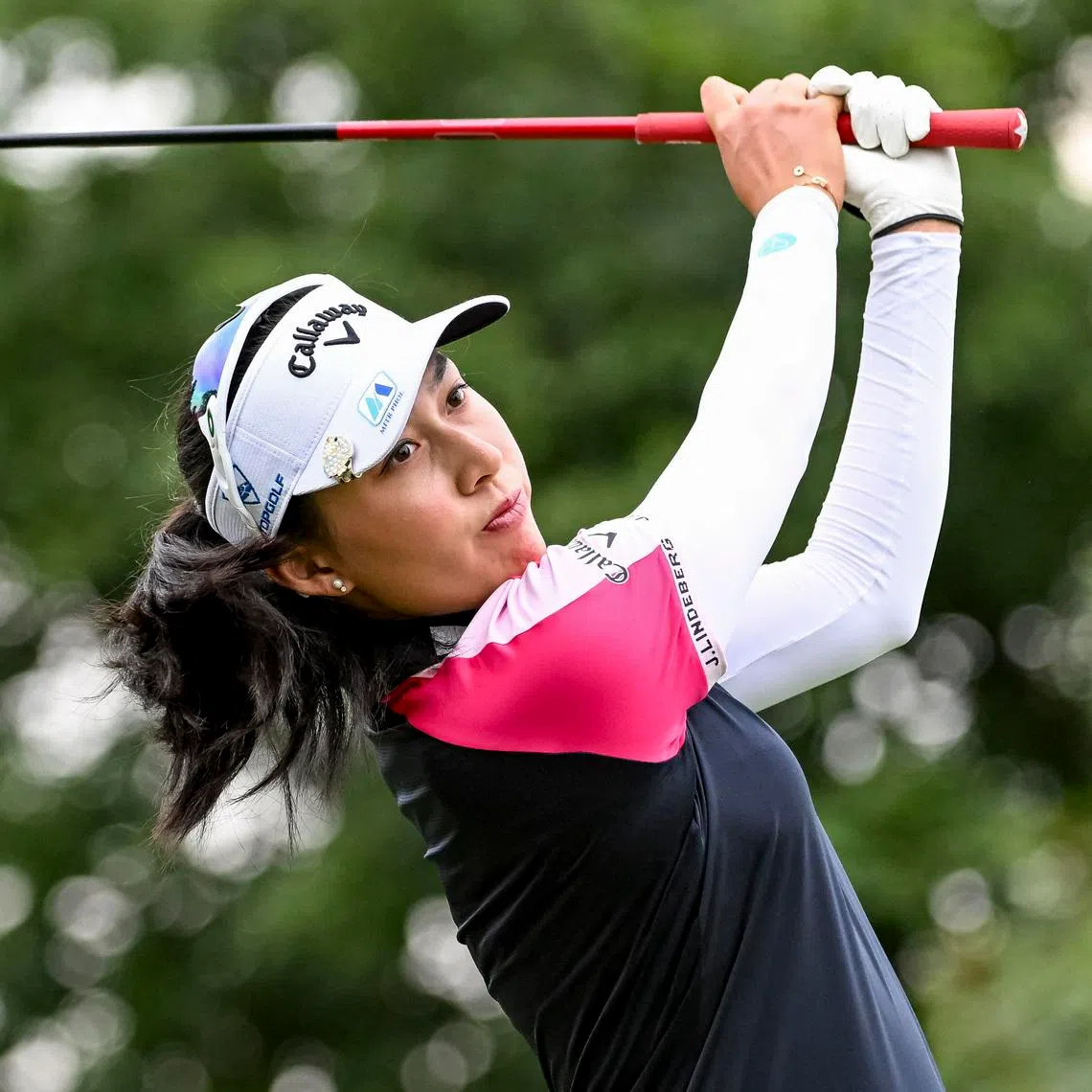Aug 23, 2025; Mississauga, Ontario, CAN;   Jeeno Thitikul plays her tee shot at the third hole during third round play at the CPKC Women's Open golf tournament. Mandatory Credit: Dan Hamilton-Imagn Images