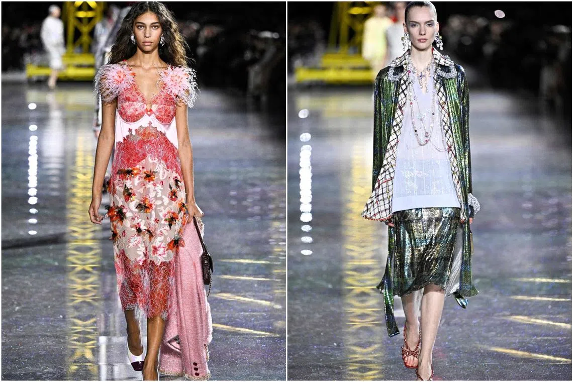 Intricate embellishments atop lace and appliques; and lightweight chainmail outerwear layering in the brand’s final segment of the collection.