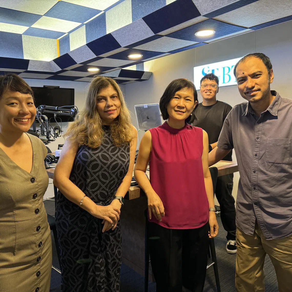 (Front row left to right): ST's assistant podcast editor Lynda Hong, Ms Neeta Lachmandas, founder of ConsciousService, Associate Professor Helen Ko from the Singapore University of Social Sciences, and podcast editor Ernest Luis. (Back): Podcast producer Hadyu Rahim.