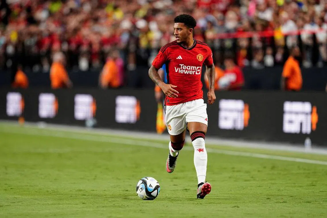 FILE PHOTO: Jul 30, 2023; Las Vegas, Nevada, USA; Manchester United forward Jadon Sancho (25) runs with the ball during the first half against Borussia Dortmund at Allegiant Stadium. Mandatory Credit: Lucas Peltier-USA TODAY Sports/File Photo