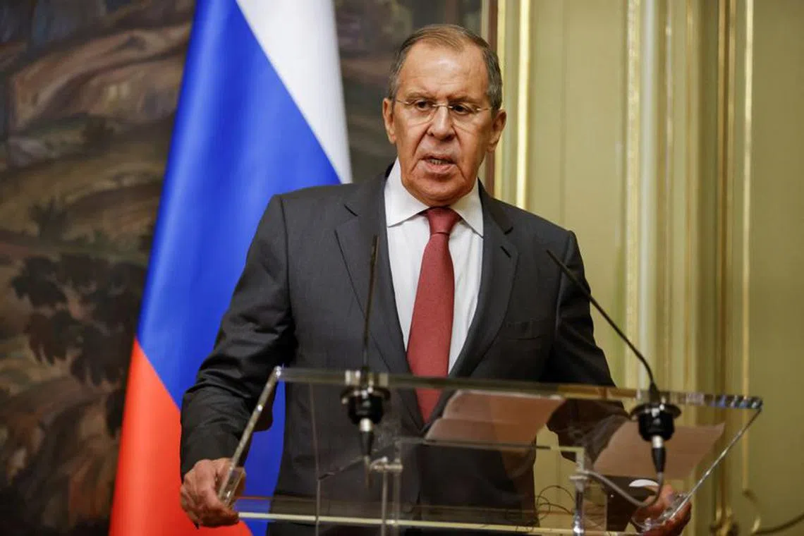 FILE PHOTO: Russian Foreign Minister Sergei Lavrov speaks during a news conference following talks with Arab League Secretary-General Ahmed Aboul Gheit in Moscow, Russia, October 9, 2023. Sergei Ilnitsky/Pool via REUTERS/File Photo