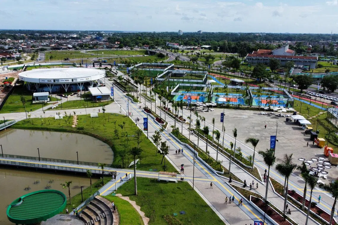 FILE PHOTO: A drone view shows the \"Parque da Cidade\", one of the principal venues to host COP30 in November, in Belem, Brazil June 28, 2025. REUTERS/Marx Vasconcelos/File Photo