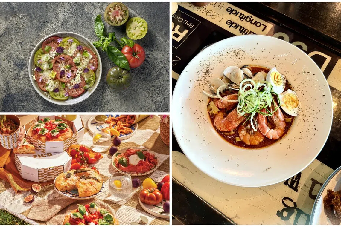 Griglia's heirloom tomatoes carpaccio, Kontiki's seafood laksa tagliatelle and Fico's Rent-A-Picnic bundle.