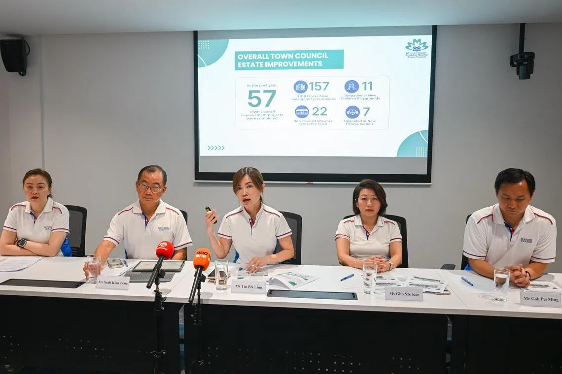 Marine Parade-Braddell Heights town council chairwoman Tin Pei Ling (centre) with (from left) fellow MPs Diana Pang, Seah Kian Peng, Gho Sze Kee and Goh Pei Ming on May 22.