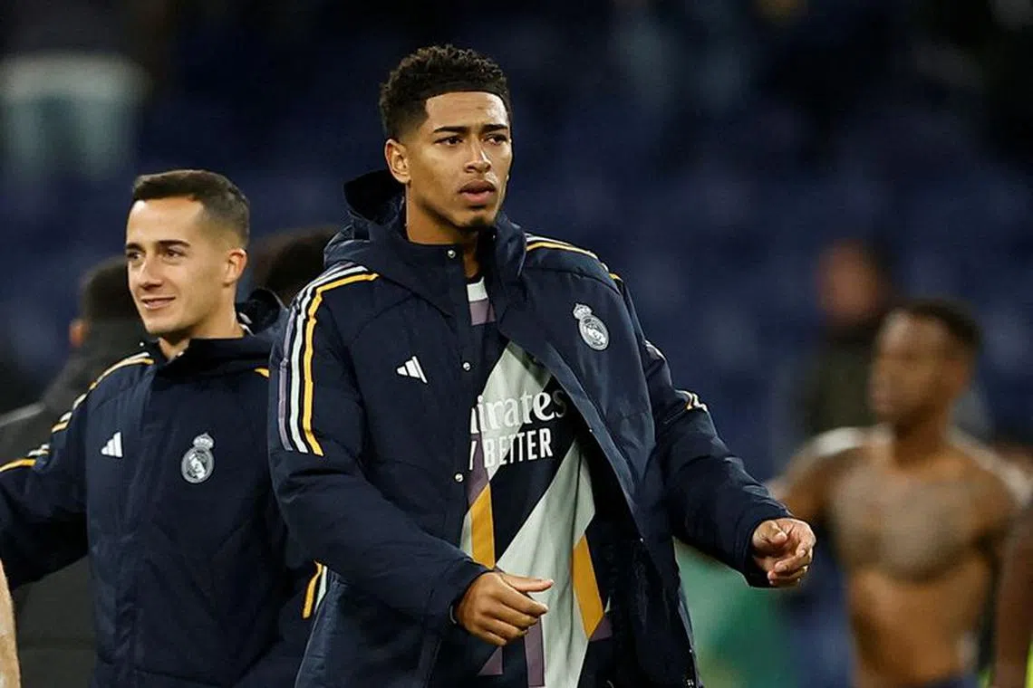 FILE PHOTO: Soccer Football - Champions League - Group C - Real Madrid v S.C. Braga - Santiago Bernabeu, Madrid, Spain - November 8, 2023 Real Madrid's Jude Bellingham celebrates after the match REUTERS/Juan Medina/File Photo