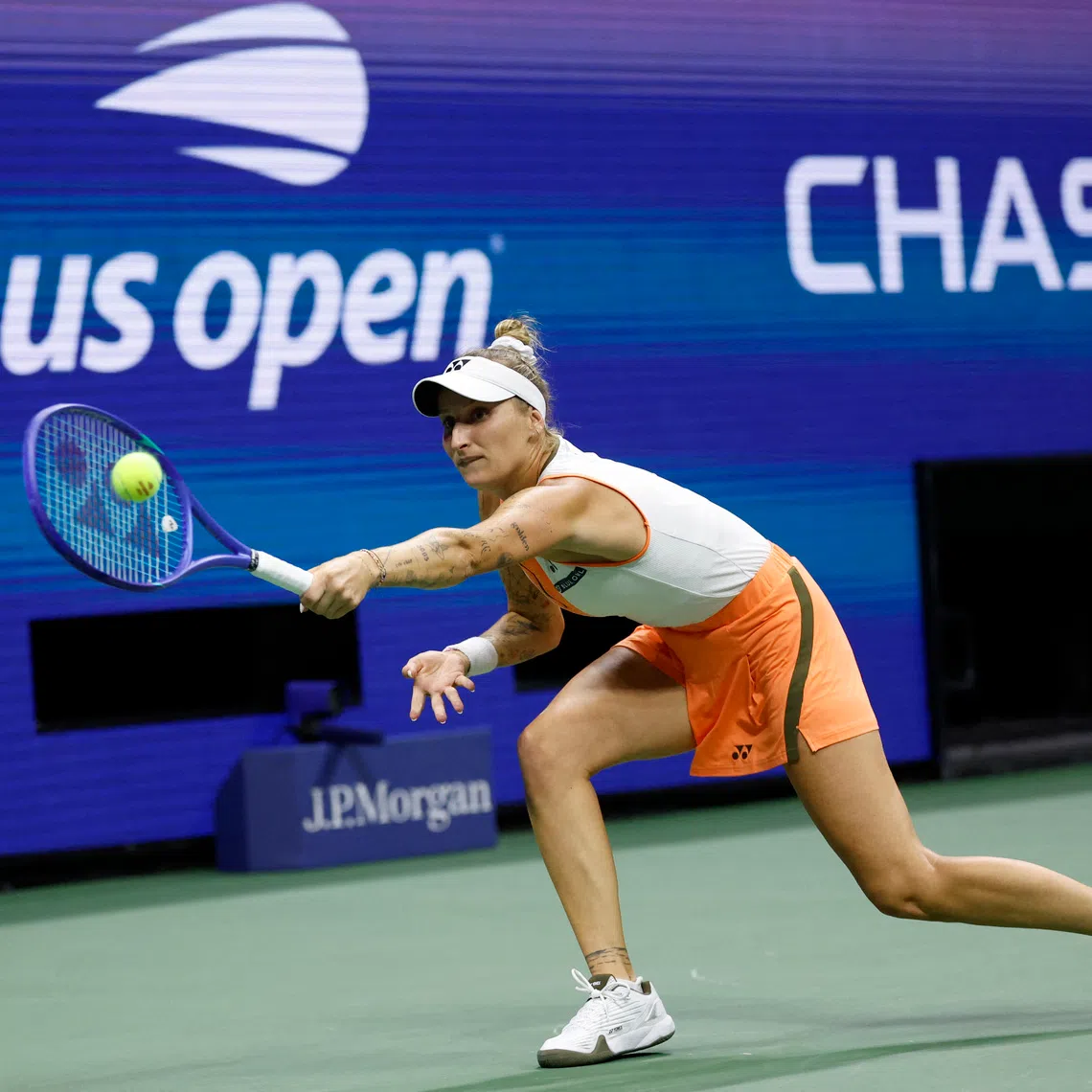 Tennis - U.S. Open - Flushing Meadows, New York, United States - August 31, 2025 Czech Republic's Marketa Vondrousova in action during her fourth round match against Kazakhstan's Elena Rybakina REUTERS/Eduardo Munoz
