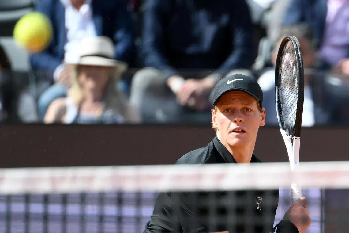 Italy's Jannik Sinner in action during his round of 16 match against compatriot Andrea Pellegrino at the Italian Open in Rome on May 12.