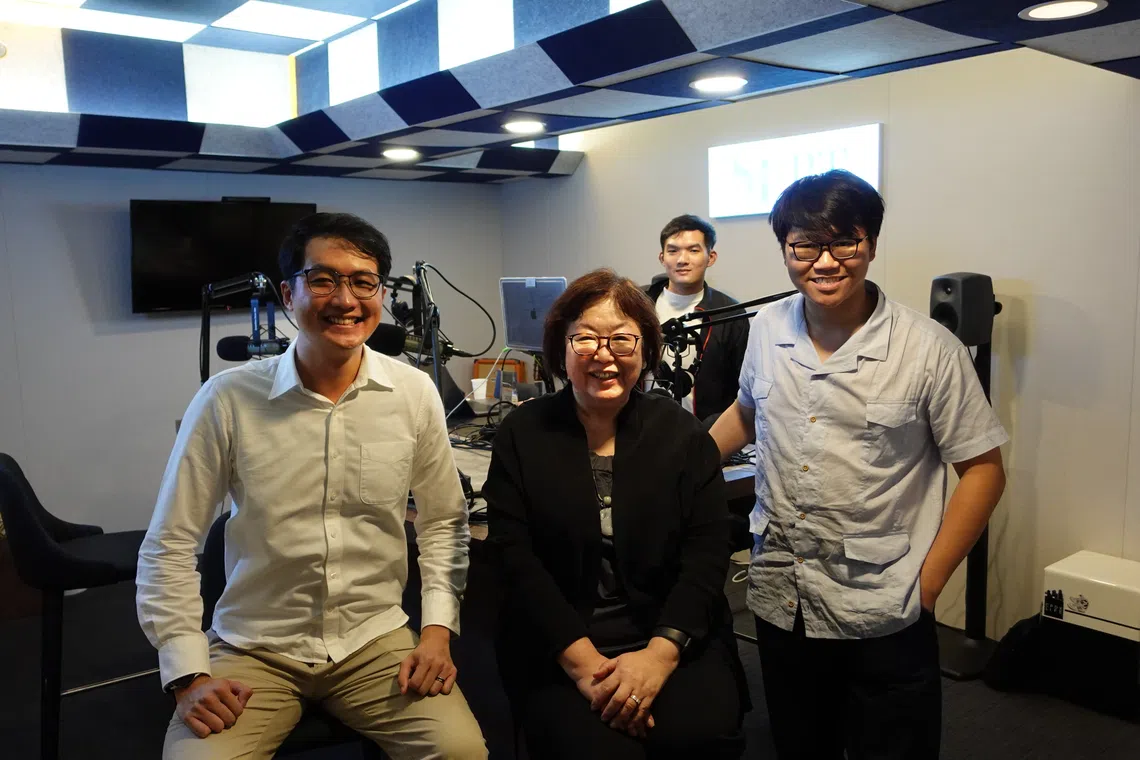 (From left) Kent Heng, product owner at Swire Shipping, Tan Beng Tee, executive director of the Singapore Maritime Foundation, ST podcast producer Teo Tong Kai, and host Tay Hong Yi in the podcast studio.