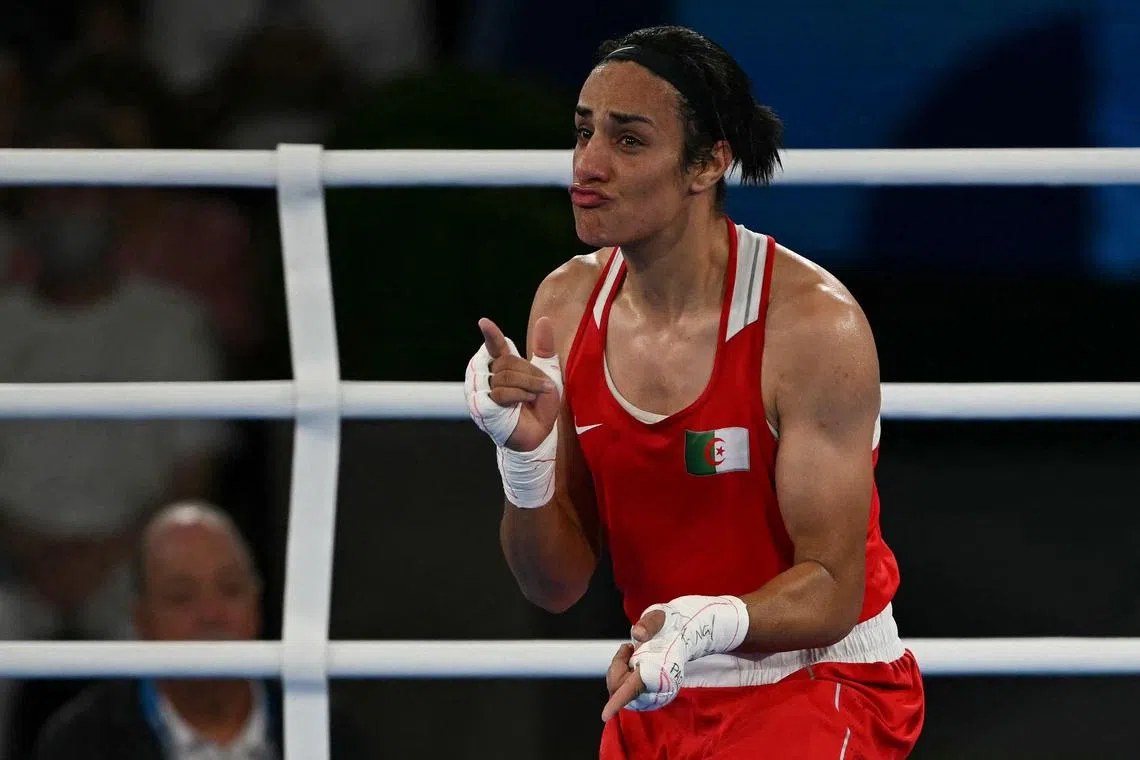 A joyful Algerian boxer Imane Khelif after beating China's Yang Liu in the women's 66kg final at the Paris Olympic Games on Aug 9, 2024.