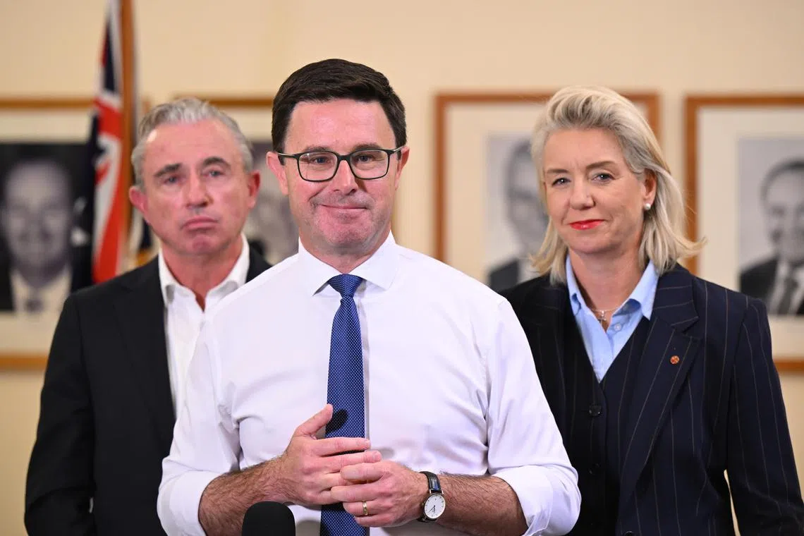 Nationals Leader David Littleproud (centre), Deputy Leader Kevin Hogan (left) and Senate Leader Bridget McKenzie speaking to the media during a press conference in Canberra on May 20. 