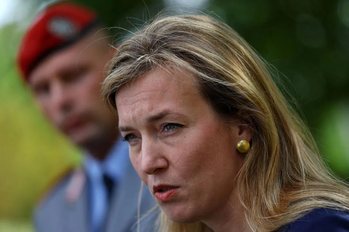 FILE PHOTO: Siemtje Moeller, State Secretary at the German Ministry of Defence addresses the media in representation of sick Defense Minister Boris Pistorius during the Ukraine Contact Group meeting hosted by U.S. Defense Secretary Lloyd James Austin at Ramstein airbase in Germany, September 19, 2023.  REUTERS/Kai Pfaffenbach/File Photo