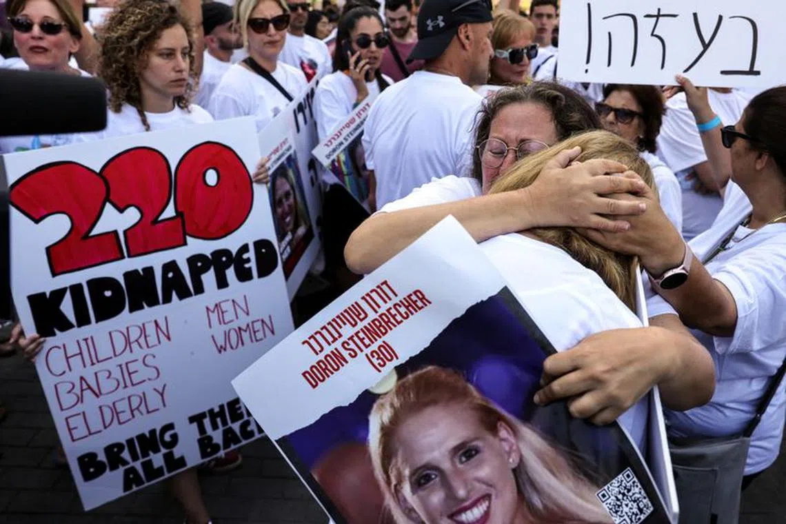 Families and supporters of hostages that are being held in Gaza after they were kidnapped from Israel by Hamas gunmen, attend a protest calling for their immediate release in Tel Aviv, Israel October 26, 2023. REUTERS/Tomer Appelbaum
