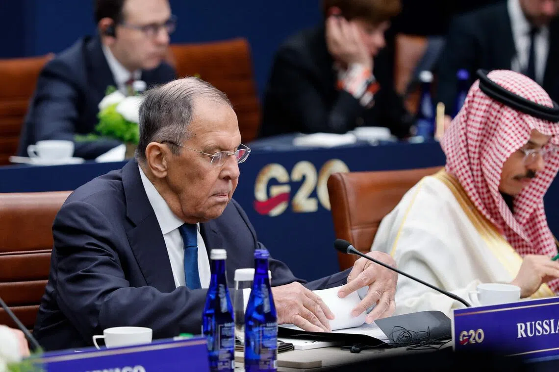 Russian Foreign Minister Sergei Lavrov (left) attending the G-20 foreign ministers’ meeting in Atlanta, Georgia on Oct 30. European G-20 members are supporting Ukraine as it fights off a Russian invasion.