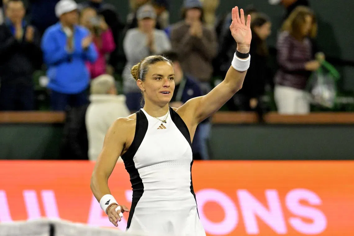 Mar 15, 2024; Indian Wells, CA, USA; Maria Sakkari (GRE) celebrates during her semi-final match as she defeated Coco Gauff (USA) in the BNP Paribas Open at the Indian Wells Tennis Garden. Mandatory Credit: Jayne Kamin-Oncea-USA TODAY Sports