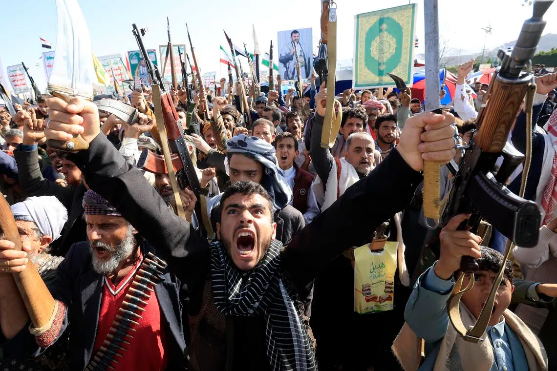 Thousands of Houthi supporters stage a protest denouncing Saudi Arabia in Sanaa, Yemen.