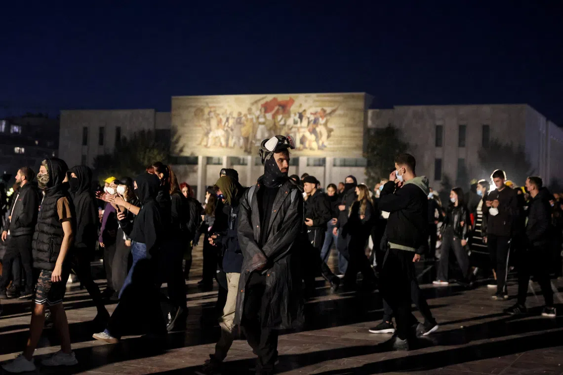 Protesters gather outside the National Historical Museum during an anti-government protest by students in Tirana, Albania, October 20, 2026. REUTERS/Louisa Gouliamaki