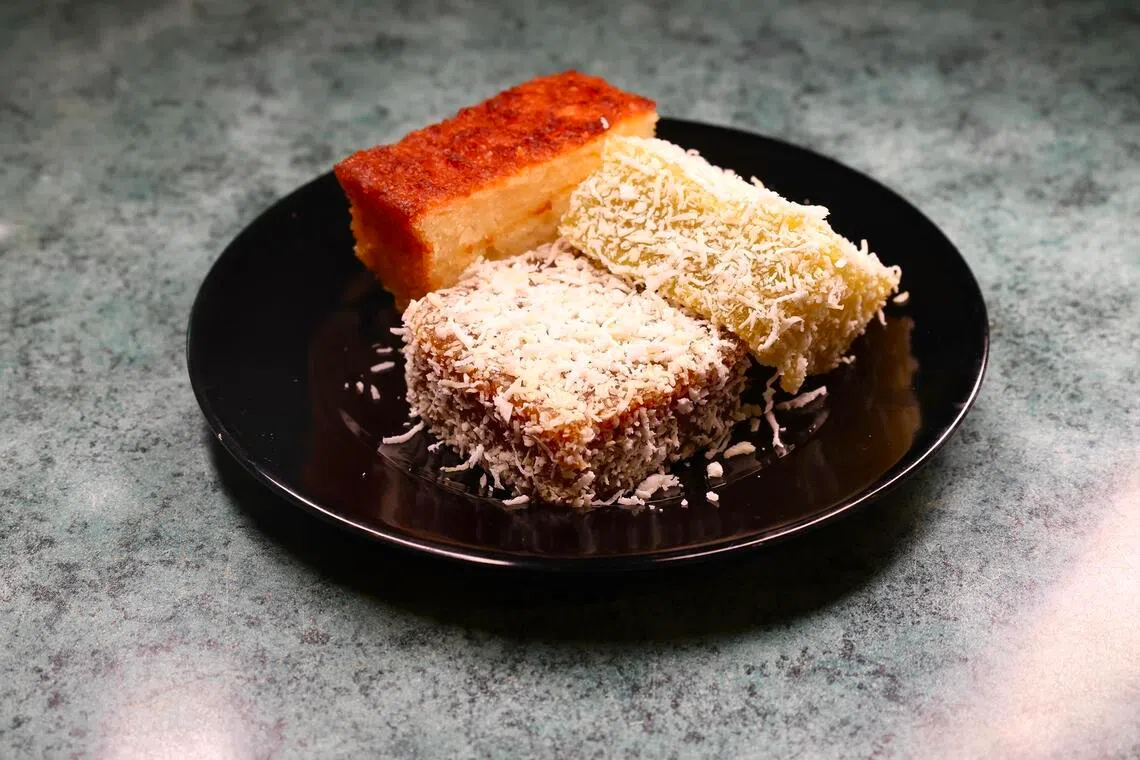 (Clockwise from top) Ubi Bakar (Baked Tapioca), Kueh Pandan and Kueh Koswee at Nya Nya.