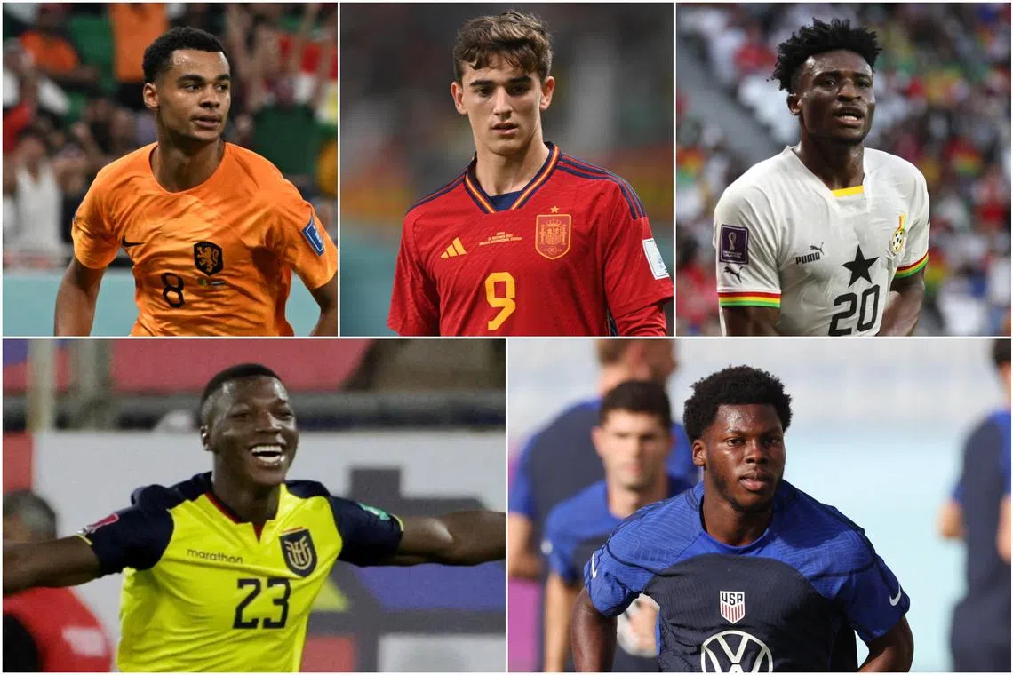 (Clockwise from top left) Netherlands' Cody Gakpo, Spain's Gavi, Ghana's Muhammad Kudus, Ecuador's Moises Caicedo and USA's Yunus Musah.