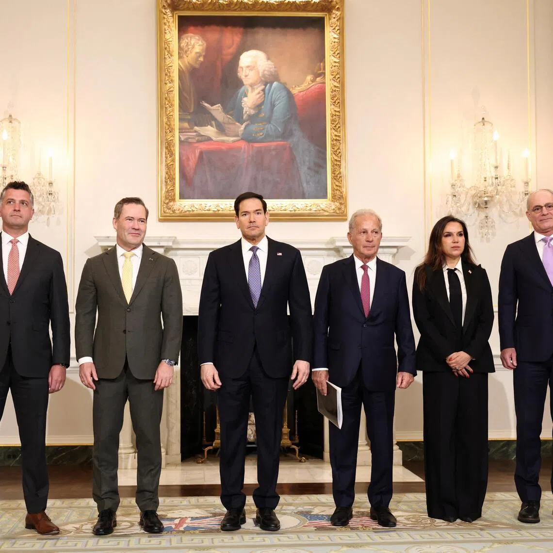 US Secretary of State Marco Rubio (third from left) with US, Israeli and Lebanese officials, after talks at the State Department in Washington on April 14.