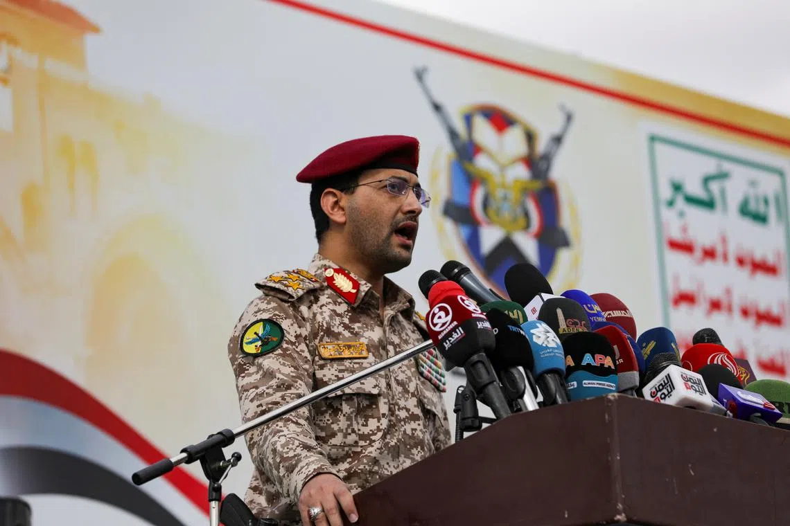 Yahya Sarea, the Houthi military spokesperson, delivers a statement, during a pro-Palestinian rally, saying they launched an attack on the \"Pacific 01\" ship in the Red Sea with missiles, in Sanaa, Yemen, March 15, 2024. REUTERS/Khaled Abdullah/ File Photo
