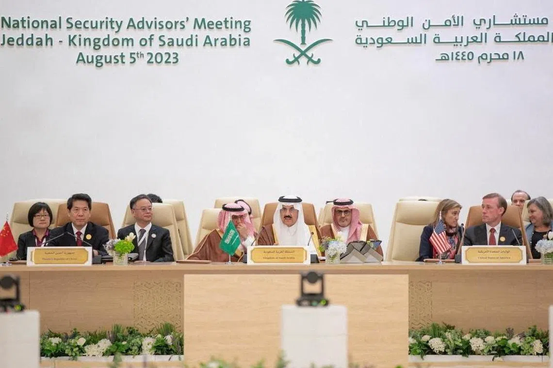 Representatives from China, the US and Saudi Arabia attended talks to make a headway towards a peaceful end to Russia's war in Ukraine, in Jeddah, Saudi Arabia, on Aug 6, 2023.  