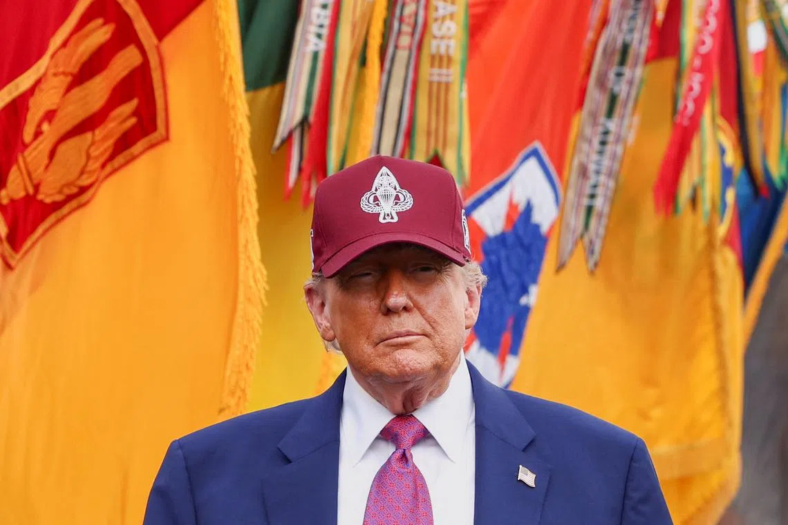 U.S. President Donald Trump prepares to deliver remarks during a visit to Fort Bragg to mark the U.S. Army anniversary, in North Carolina, U.S., June 10, 2025. REUTERS/Evelyn Hockstein